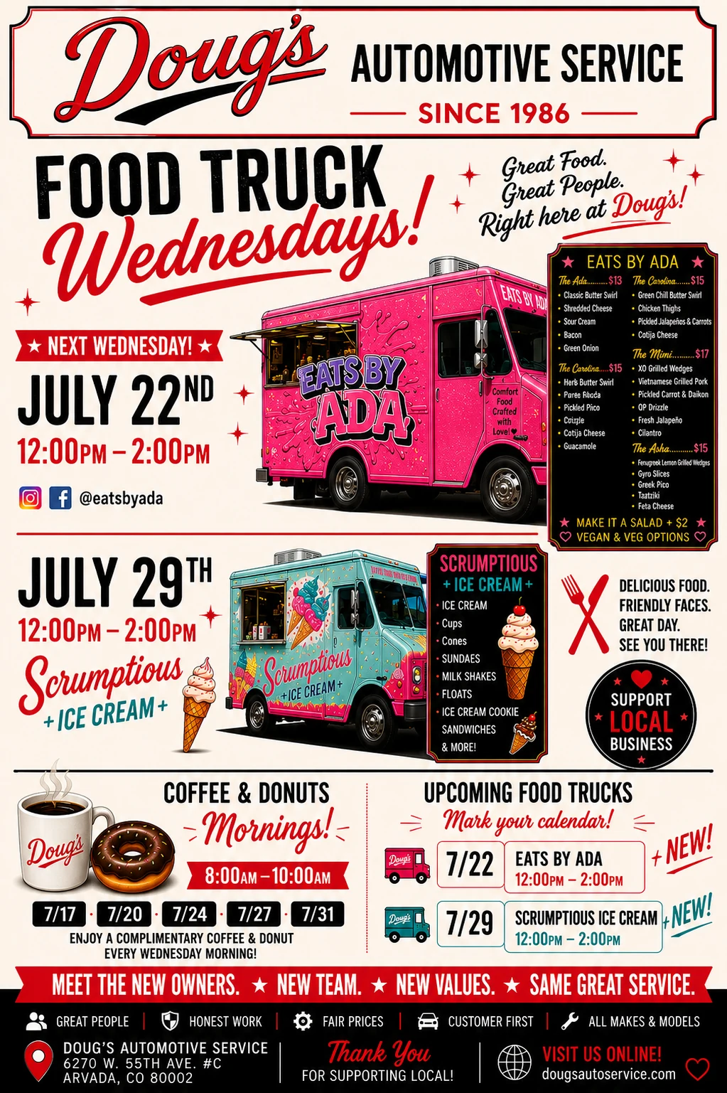 Doug's Automotive Service July 2026 flyer for Eats by Ada on July 22, Scrumptious Ice Cream on July 29, and coffee and donuts mornings