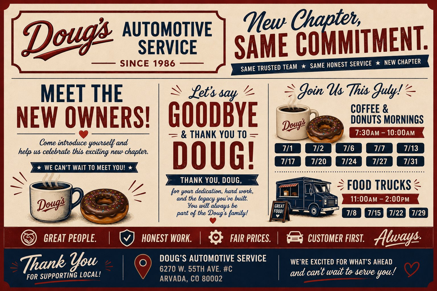 Doug's Automotive Service July new owner celebration flyer with coffee and donuts mornings and food truck dates