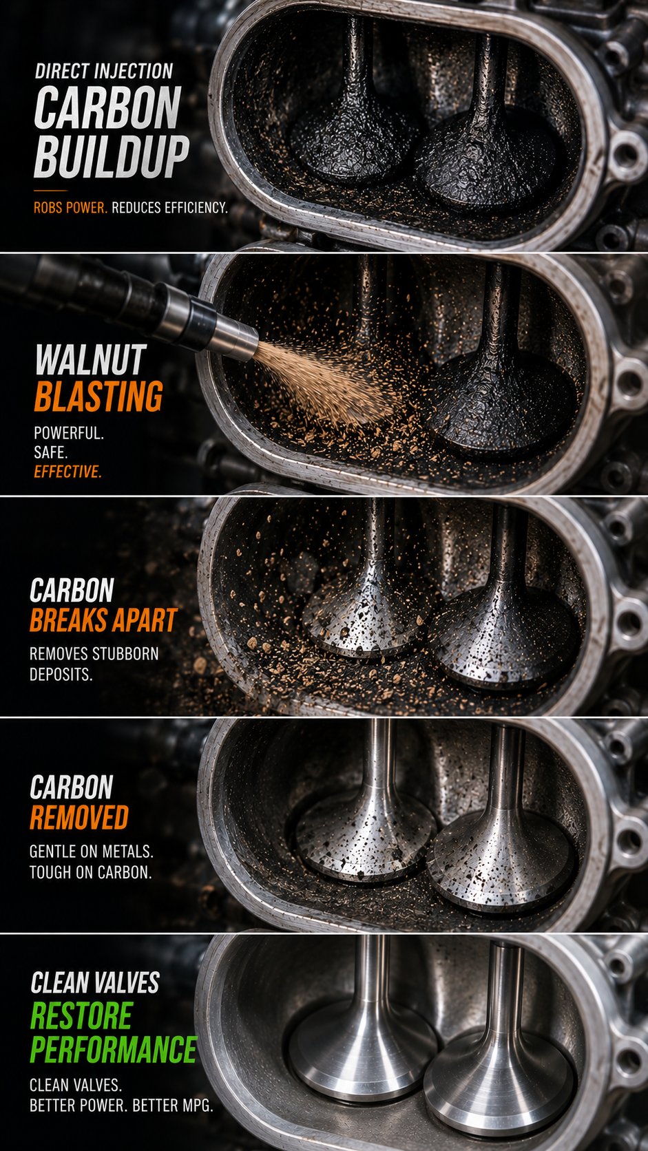 Five-step walnut blasting visual: carbon buildup, walnut blasting, carbon breaking apart, carbon removed, and clean valves restoring performance.